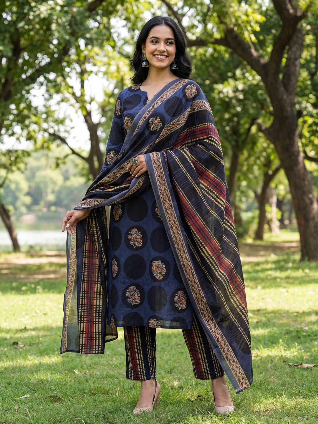 Blue Cotton Straight Floral Print Kurta Trouser Dupatta Set-Yufta Store-7672SKDBLM
