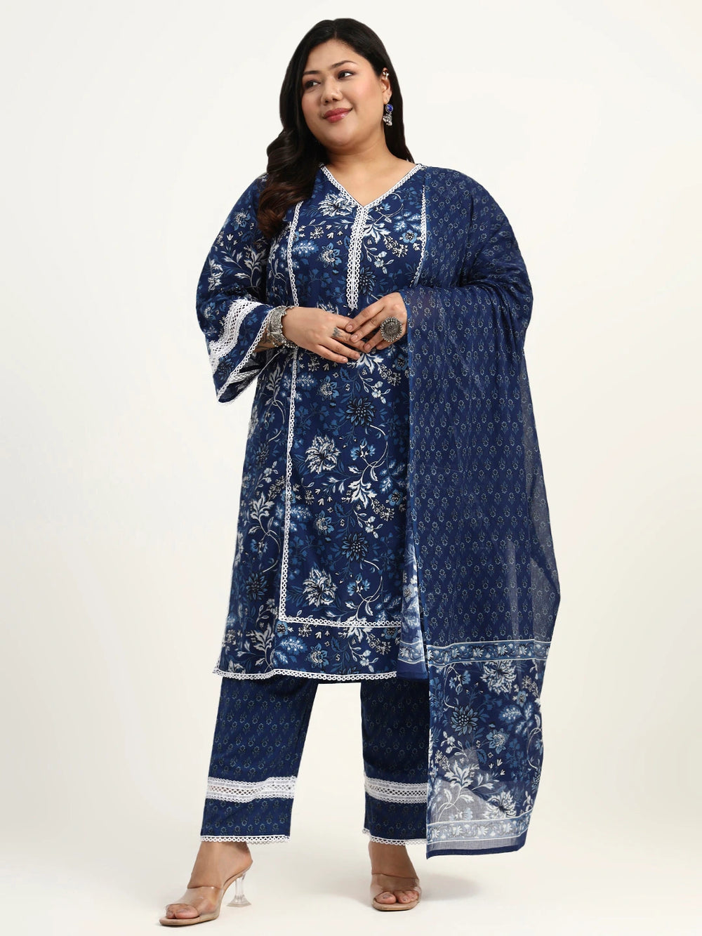 Blue Cotton Straight Kurta Dupatta Set (Plus Size)-Yufta Store-1809PSKDBL3XL