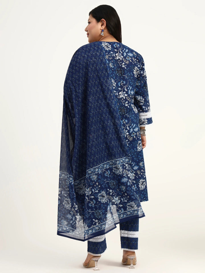 Blue Cotton Straight Kurta Dupatta Set (Plus Size)-Yufta Store-1809PSKDBL3XL