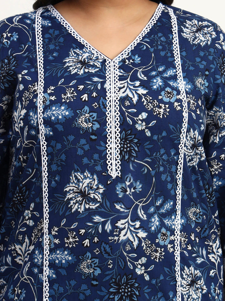 Blue Cotton Straight Kurta Dupatta Set (Plus Size)-Yufta Store-1809PSKDBL3XL