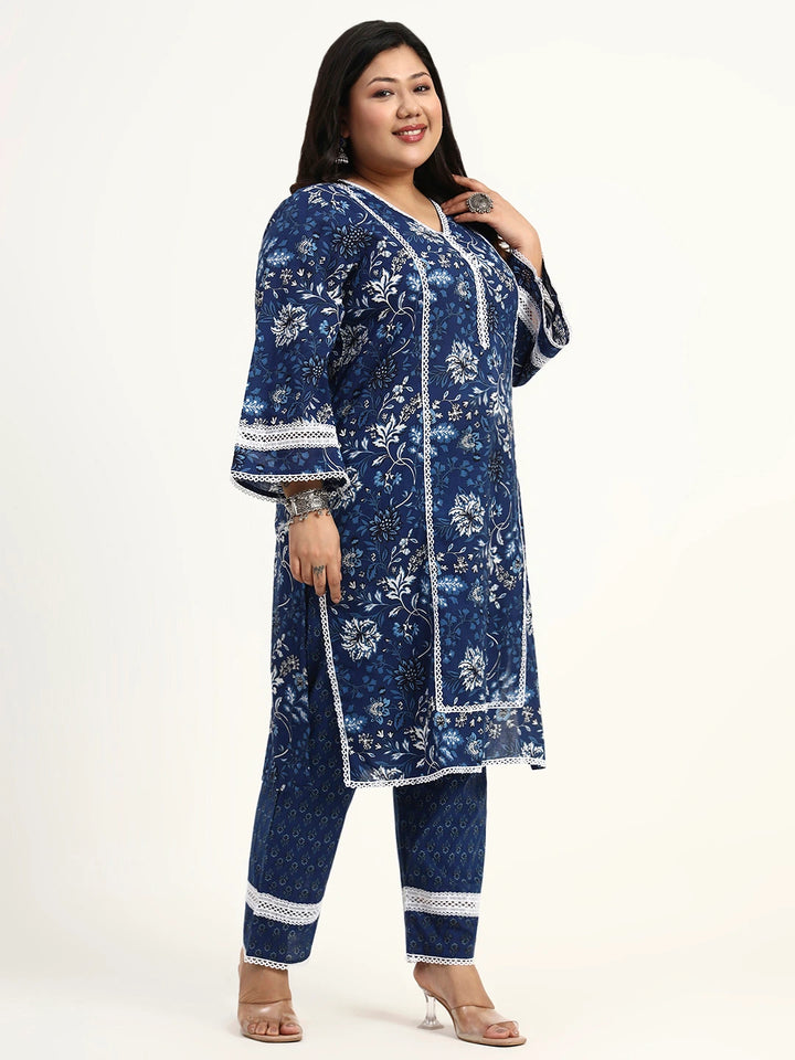 Blue Cotton Straight Kurta Dupatta Set (Plus Size)-Yufta Store-1809PSKDBL3XL