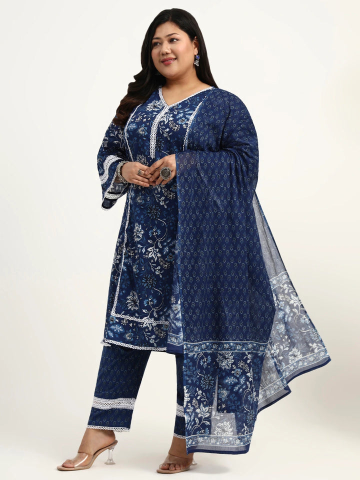 Blue Cotton Straight Kurta Dupatta Set (Plus Size)-Yufta Store-1809PSKDBL3XL