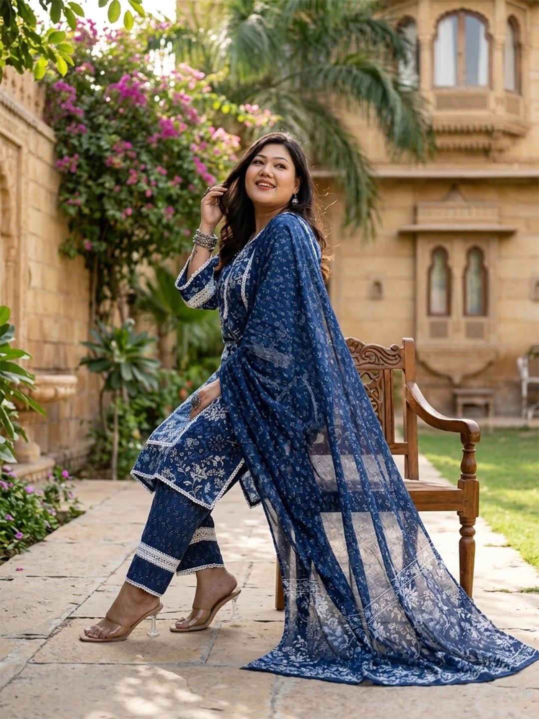 Blue Cotton Straight Kurta Dupatta Set (Plus Size)-Yufta Store-1809PSKDBL3XL
