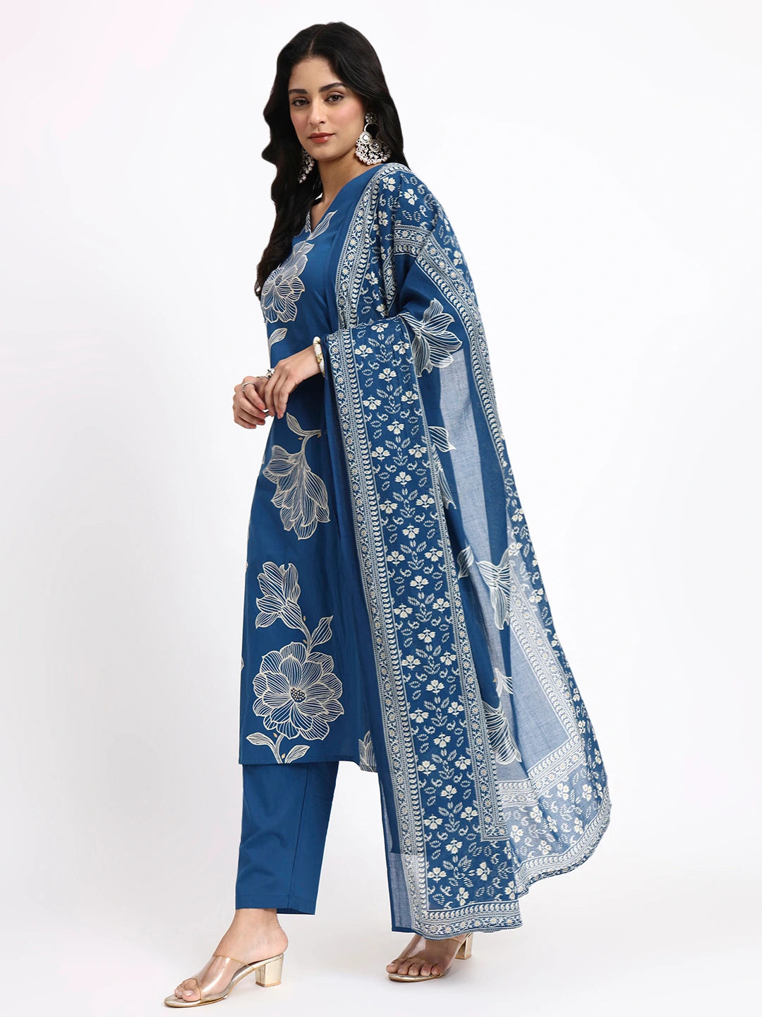 Blue Cotton Straight Kurta Pant Dupatta Set