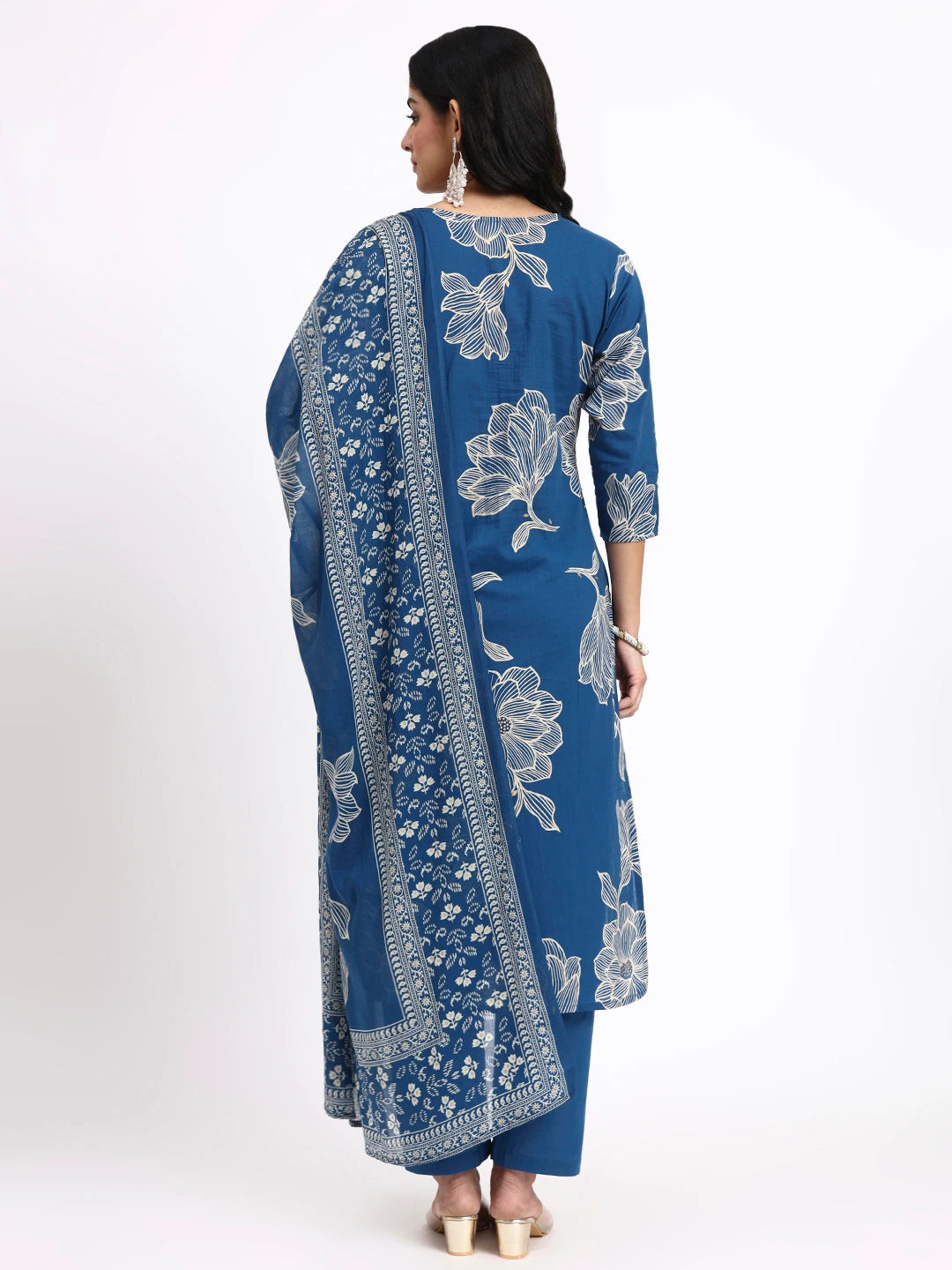 Blue Cotton Straight Kurta Pant Dupatta Set