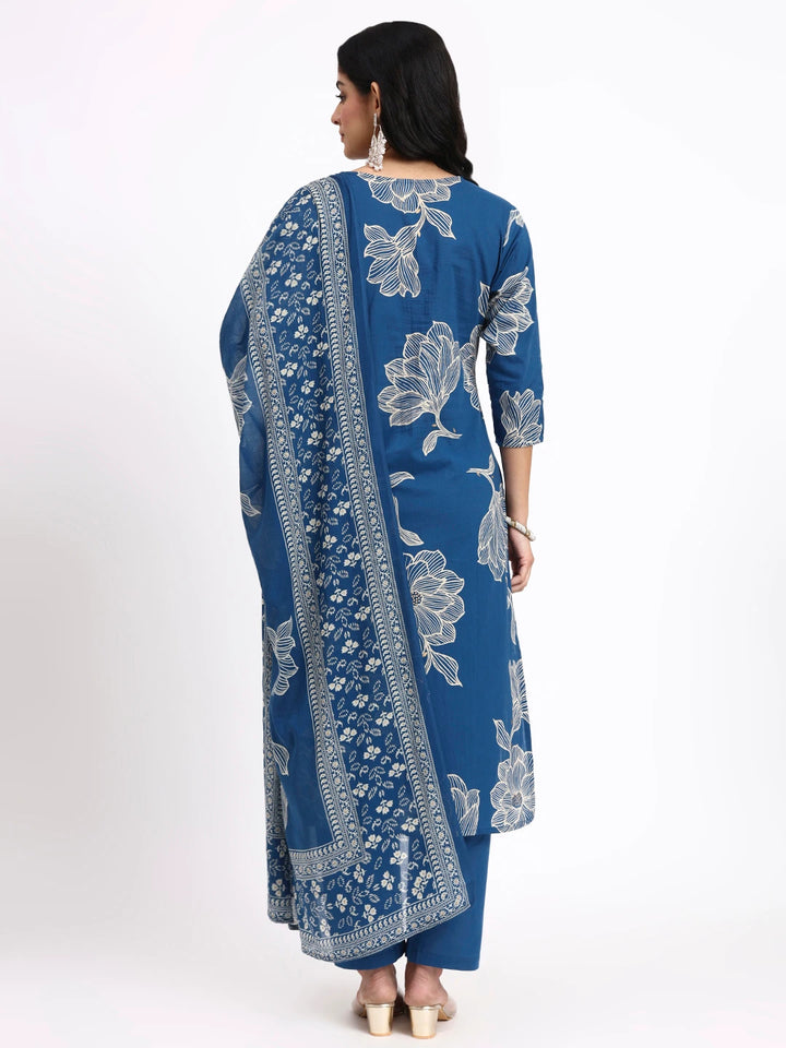 Blue Cotton Straight Kurta Pant Dupatta Set