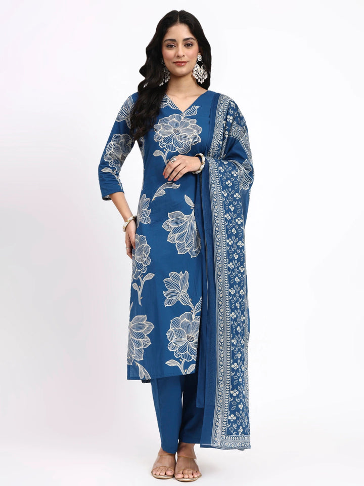Blue Cotton Straight Kurta Pant Dupatta Set