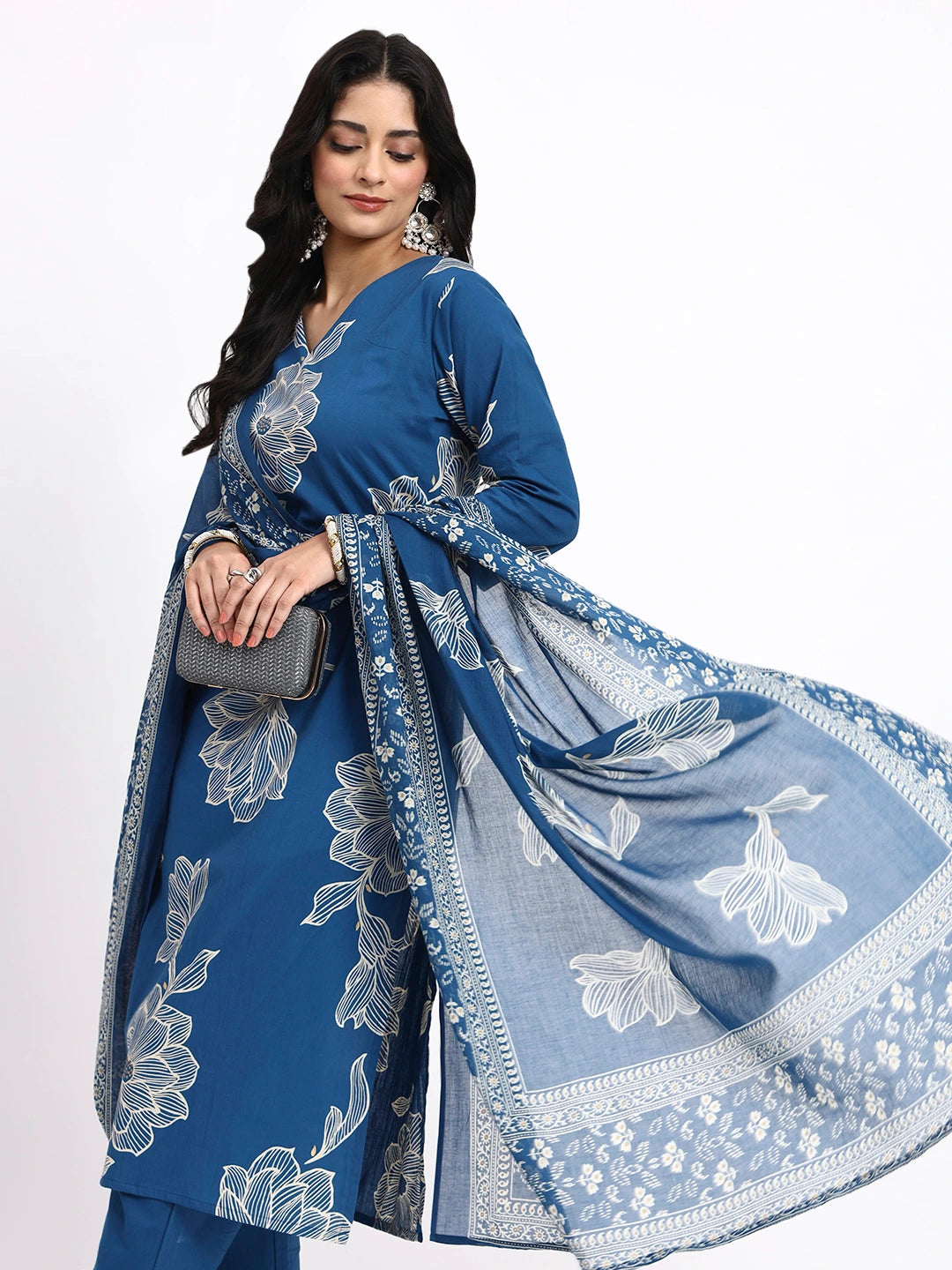 Blue Cotton Straight Kurta Pant Dupatta Set