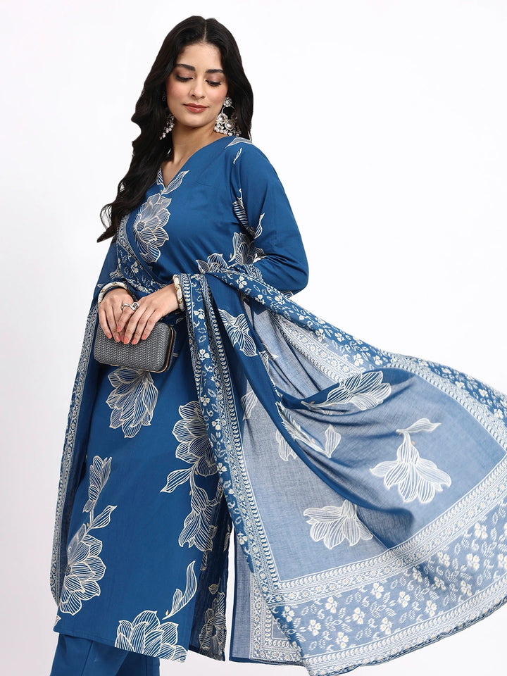 Blue Cotton Straight Kurta Pant Dupatta Set