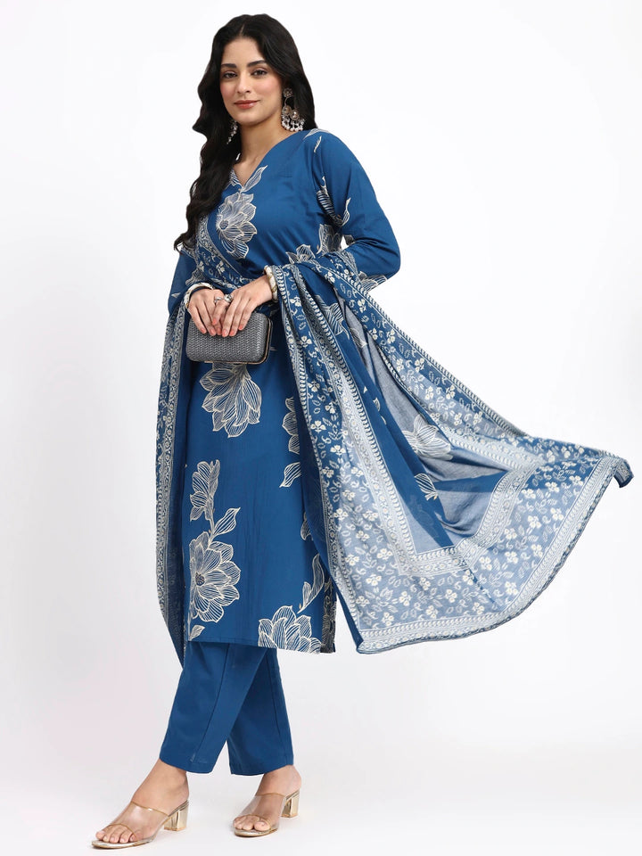 Blue Cotton Straight Kurta Pant Dupatta Set