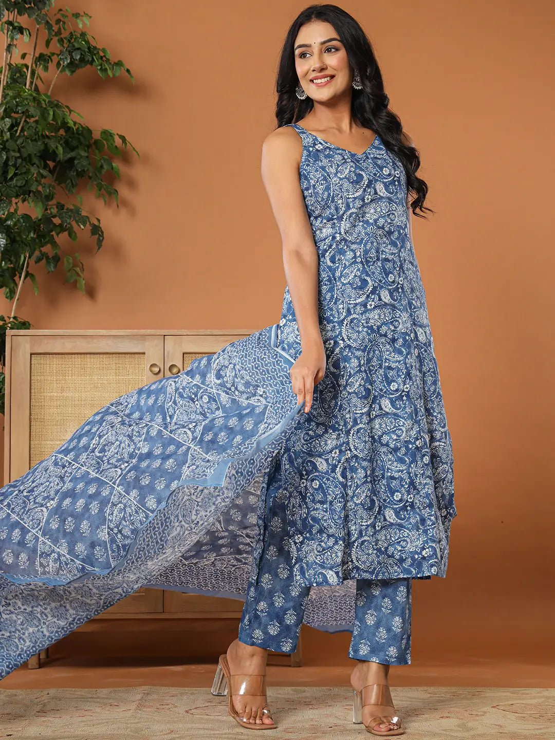 Blue Cotton Strappy Kurta Dupatta Set-Yufta Store-7139SKDBLS