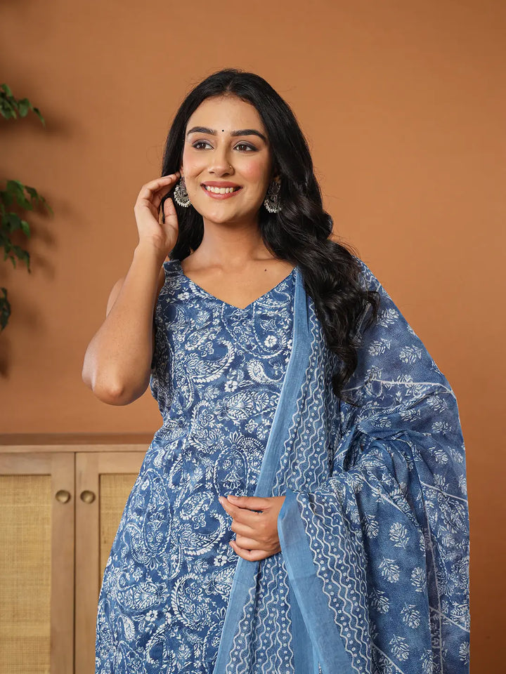 Blue Cotton Strappy Kurta Dupatta Set-Yufta Store-7139SKDBLS