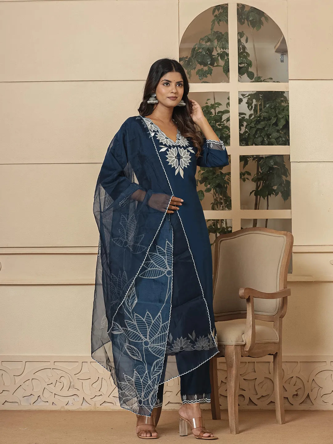 Blue Embroidered Silk Blend Straight Kurta Dupatta Set-Yufta Store-6990SKDBLS