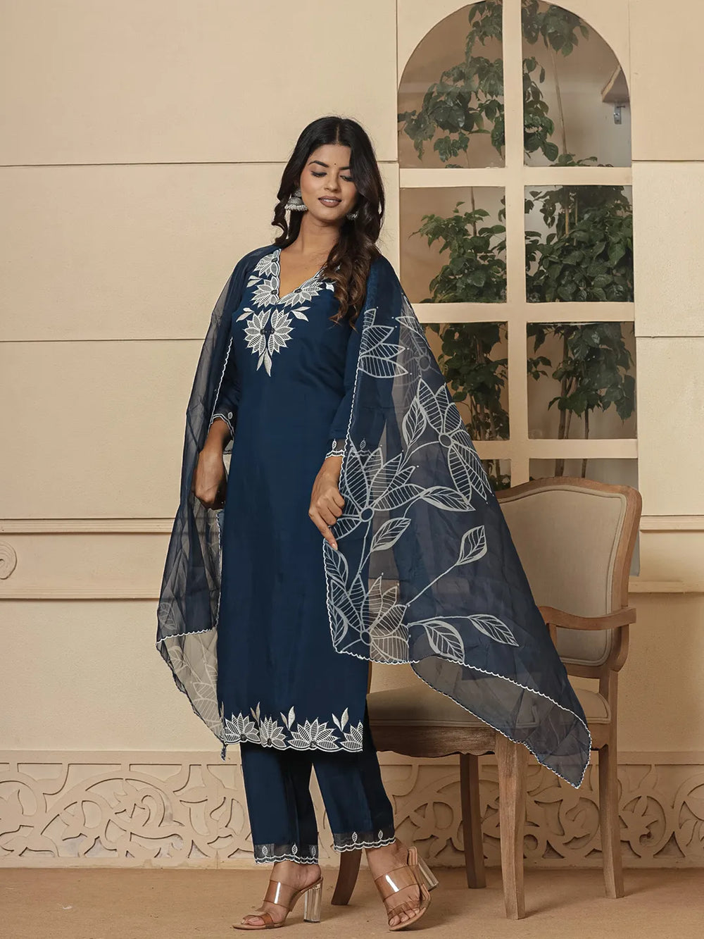 Blue Embroidered Silk Blend Straight Kurta Dupatta Set-Yufta Store-6990SKDBLS