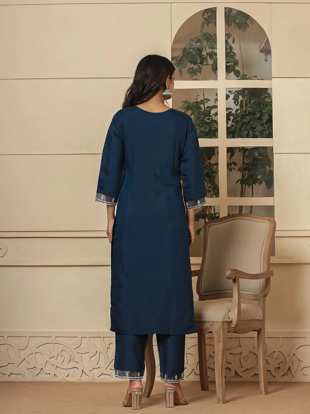 Blue Embroidered Silk Blend Straight Kurta Dupatta Set-Yufta Store-6990SKDBLS