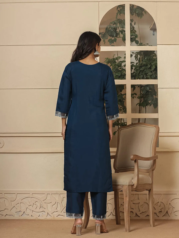 Blue Embroidered Silk Blend Straight Kurta Dupatta Set-Yufta Store-6990SKDBLS