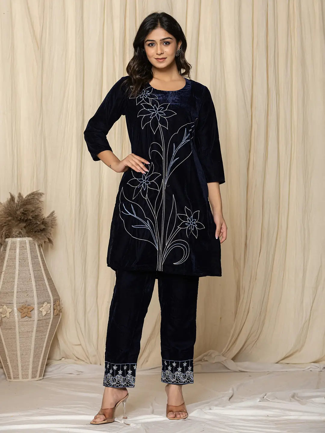 Blue Embroidered Velvet Co-Ord Set-Yufta Store-1839CRDBLS