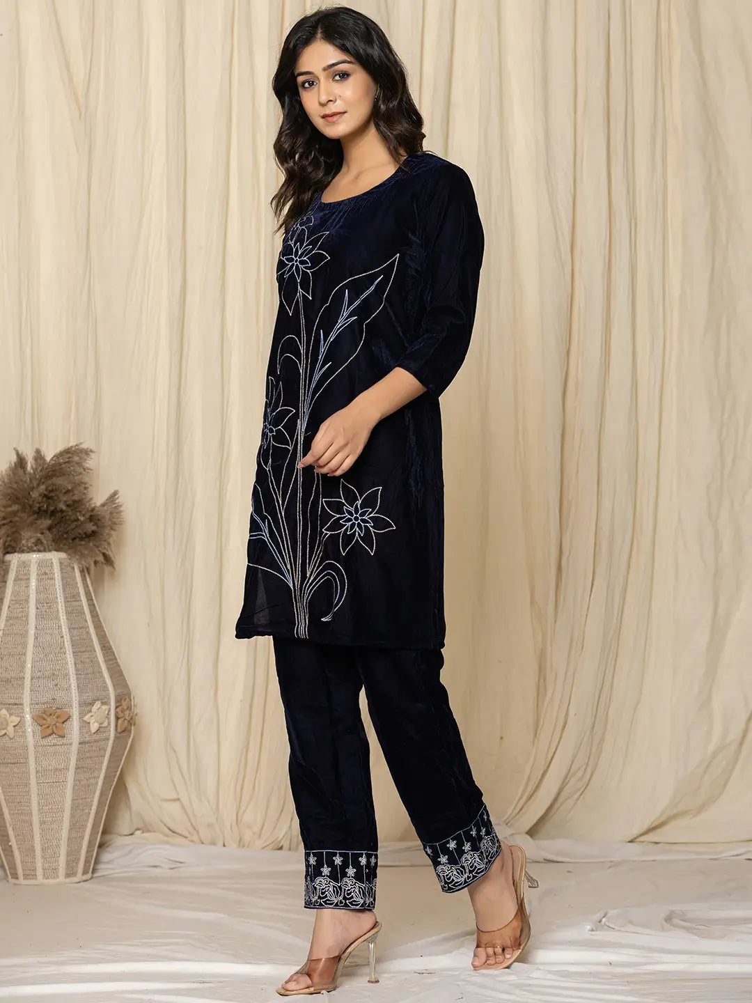 Blue Embroidered Velvet Co-Ord Set-Yufta Store-1839CRDBLS