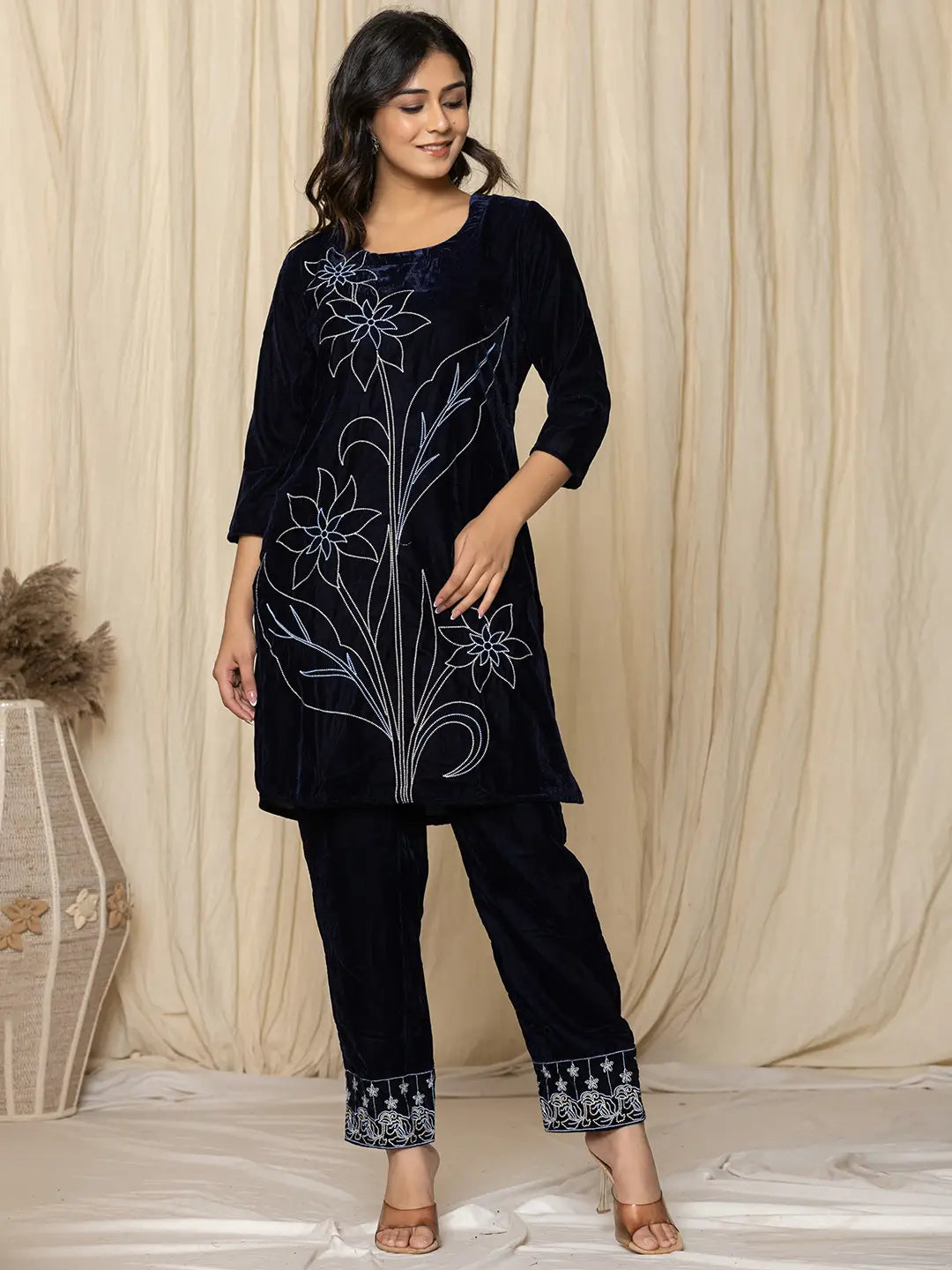 Blue Embroidered Velvet Co-Ord Set-Yufta Store-1839CRDBLS