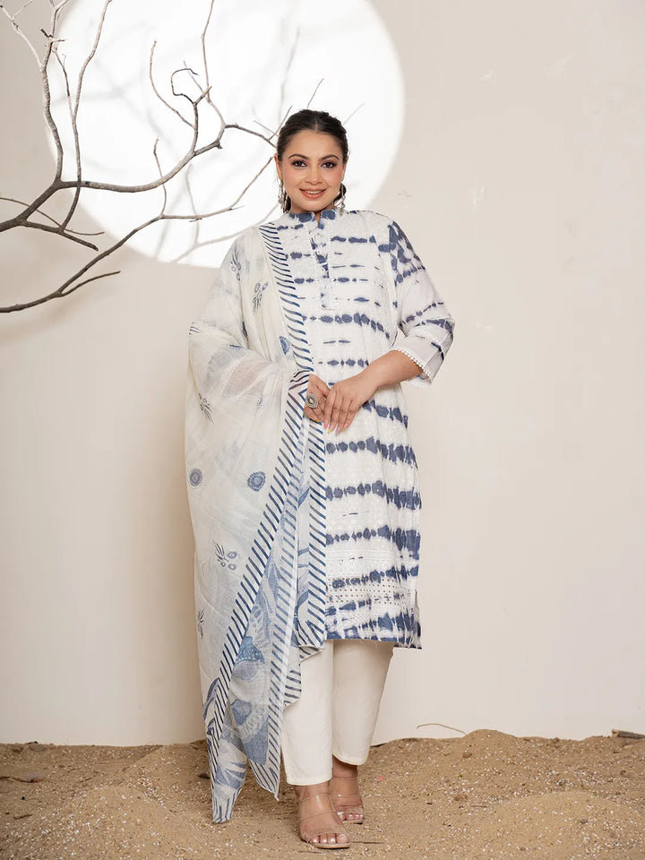 Blue Embroidery Cotton Plus Size Kurta Dupatta Set-Yufta Store-6984PSKDBL3XL