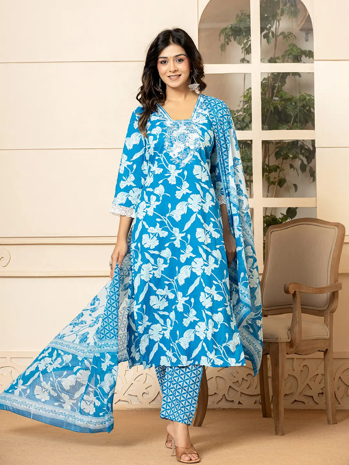 Blue Embroidery Cotton Straight Kurta Dupatta Set-Yufta Store-7009SKDBLS