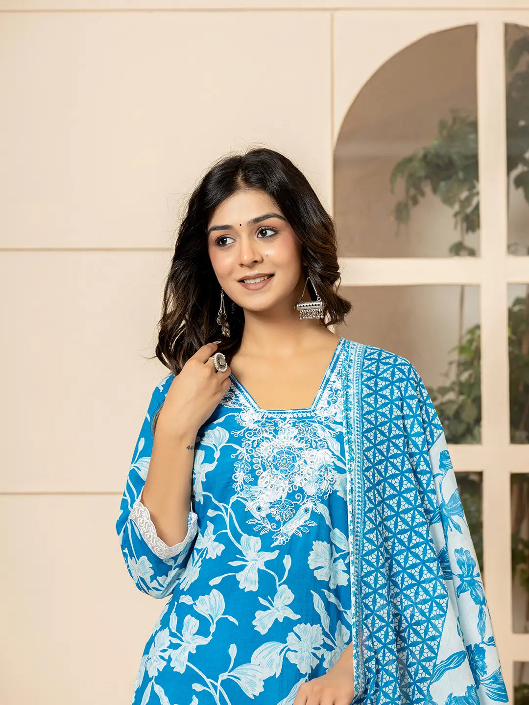 Blue Embroidery Cotton Straight Kurta Dupatta Set-Yufta Store-7009SKDBLS