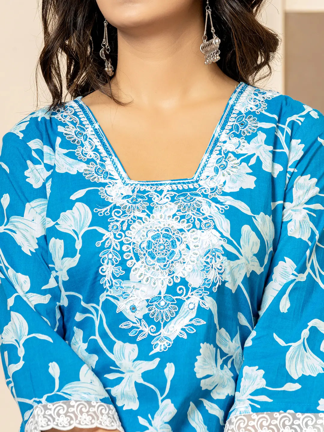 Blue Embroidery Cotton Straight Kurta Dupatta Set-Yufta Store-7009SKDBLS