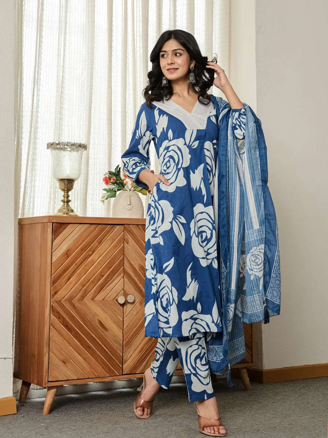 Blue Floral ALine Kurta Trouser Dupatta Set-Yufta Store-6048SKDBLM