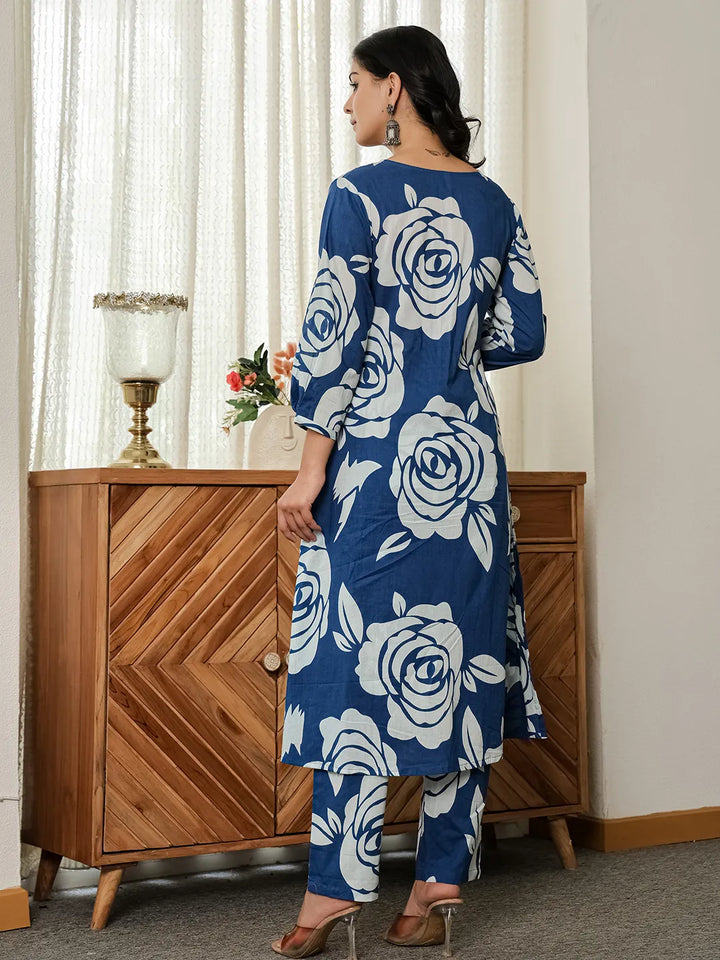 Blue Floral ALine Kurta Trouser Dupatta Set-Yufta Store-6048SKDBLM