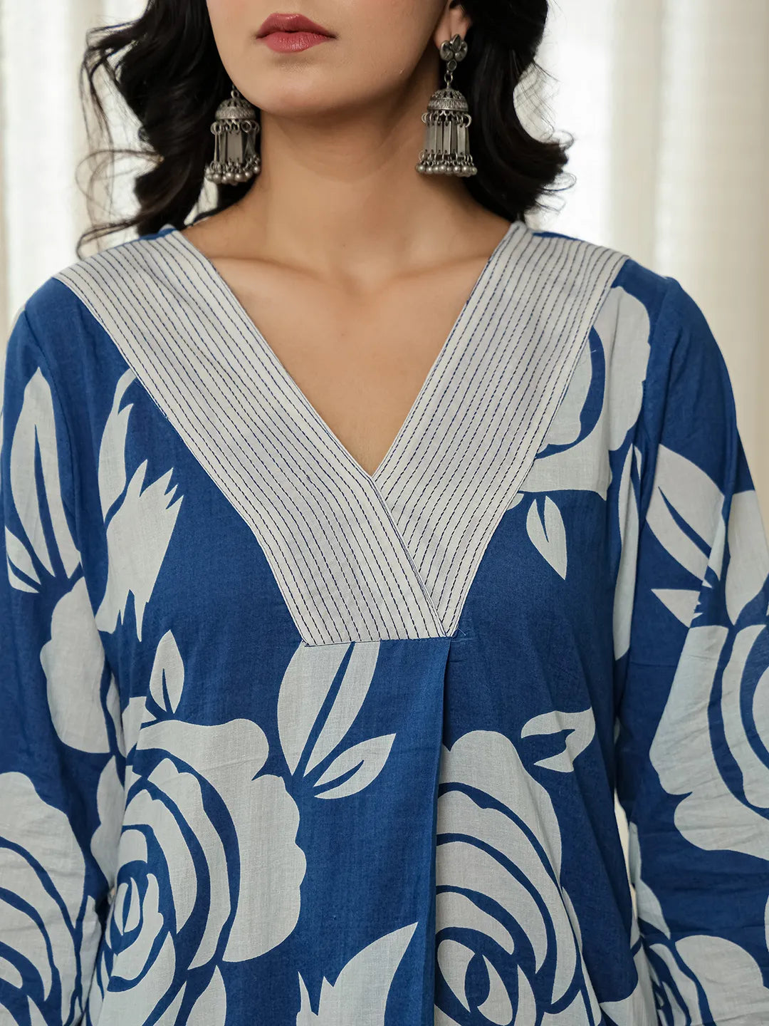 Blue Floral ALine Kurta Trouser Dupatta Set-Yufta Store-6048SKDBLM