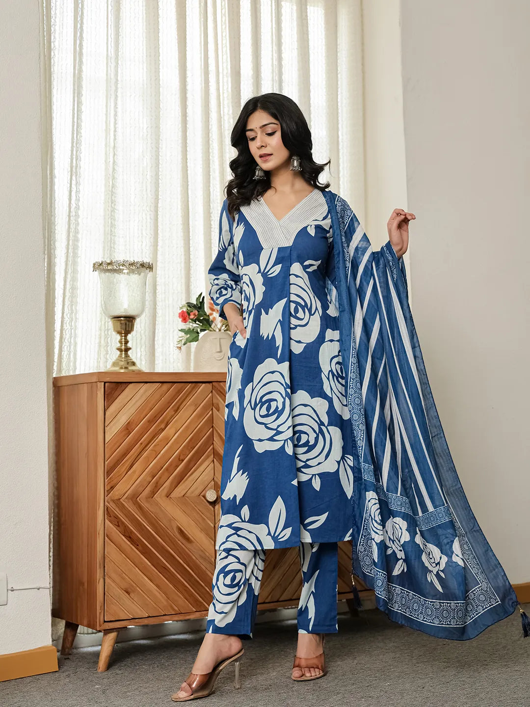 Blue Floral ALine Kurta Trouser Dupatta Set-Yufta Store-6048SKDBLM