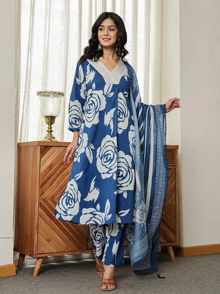 Blue Floral ALine Kurta Trouser Dupatta Set-Yufta Store-6048SKDBLM