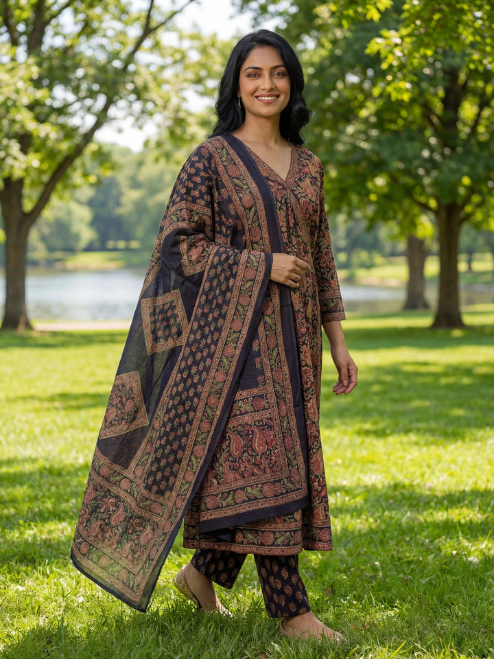 Blue Floral Print A-Line Angrakha Kurta Trouser Dupatta Set-Yufta Store-7643SKDBLM