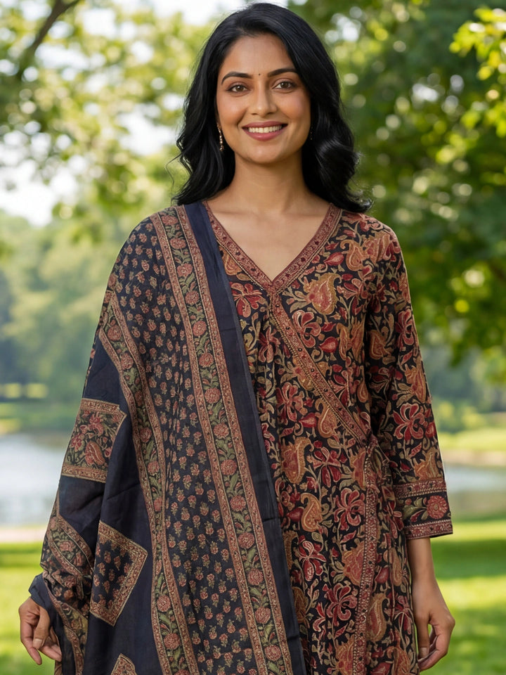 Blue Floral Print A-Line Angrakha Kurta Trouser Dupatta Set-Yufta Store-7643SKDBLM