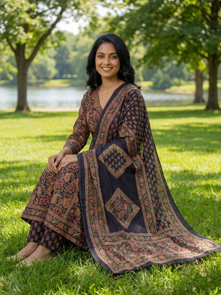 Blue Floral Print A-Line Angrakha Kurta Trouser Dupatta Set-Yufta Store-7643SKDBLM