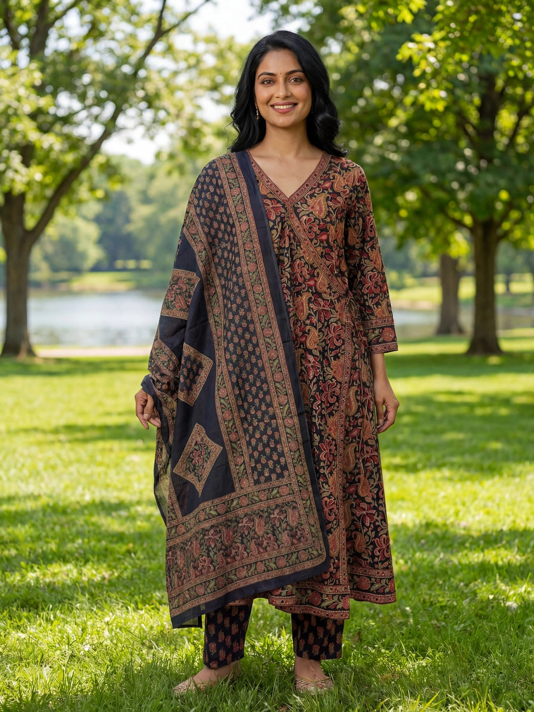 Blue Floral Print A-Line Angrakha Kurta Trouser Dupatta Set-Yufta Store-7643SKDBLM