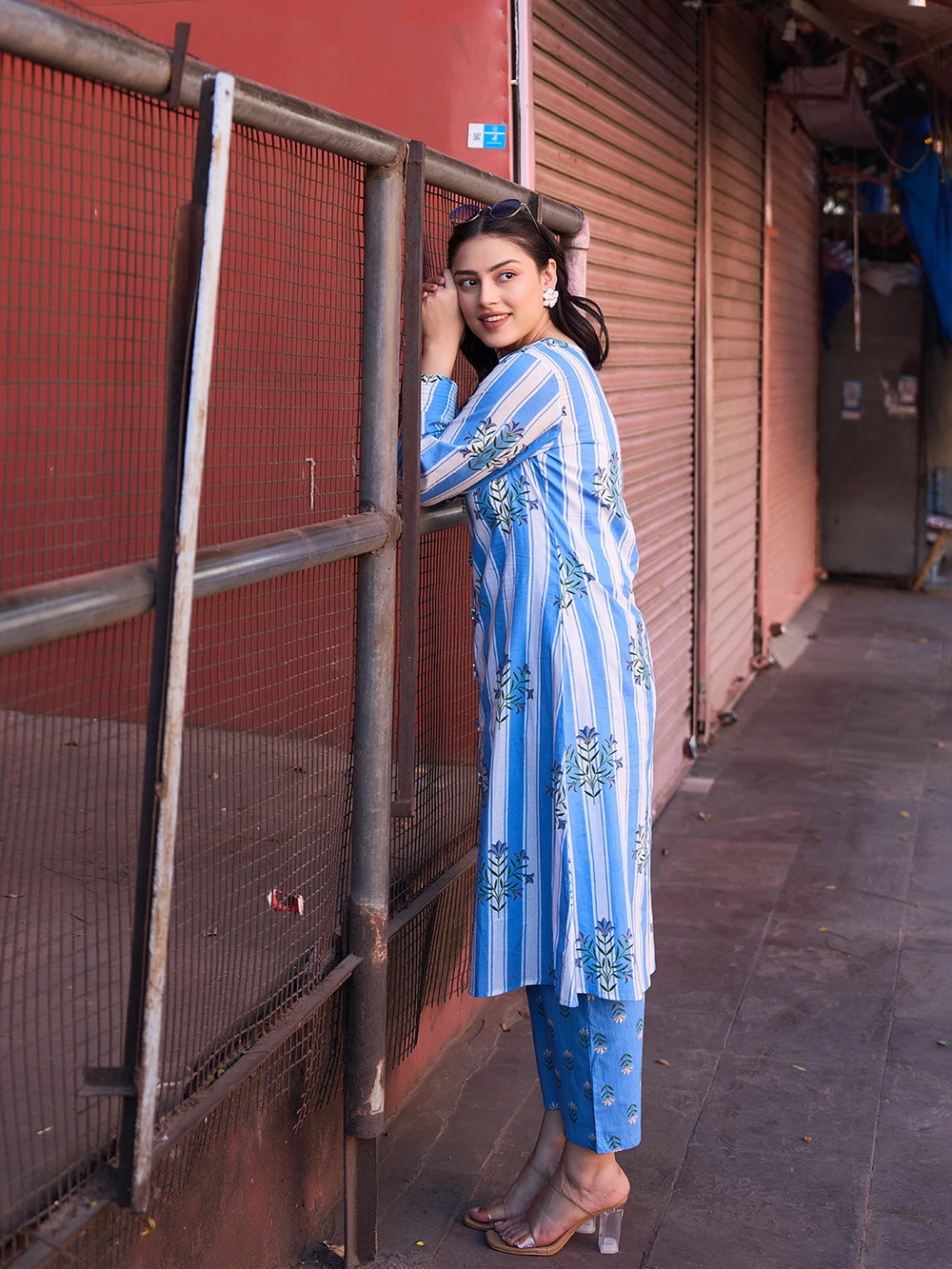 Blue Floral Print A-Line Design This Kurta Trouser Set-Yufta Store-7451SETBLM