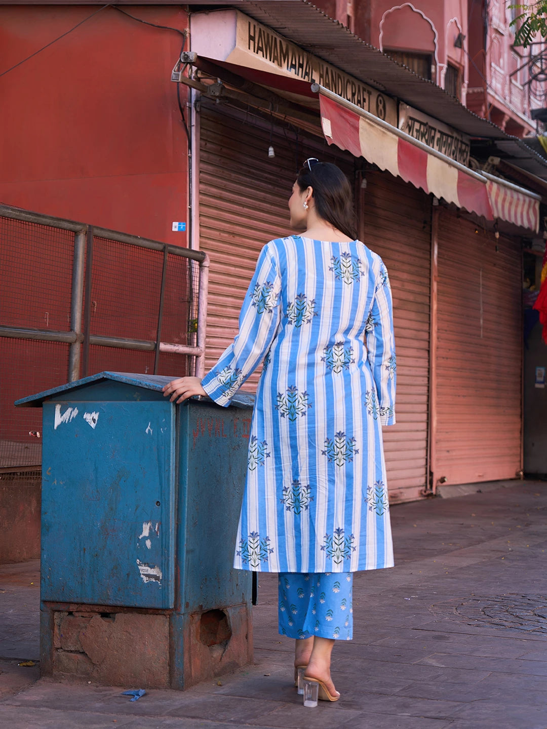 Blue Floral Print A-Line Design This Kurta Trouser Set-Yufta Store-7451SETBLM