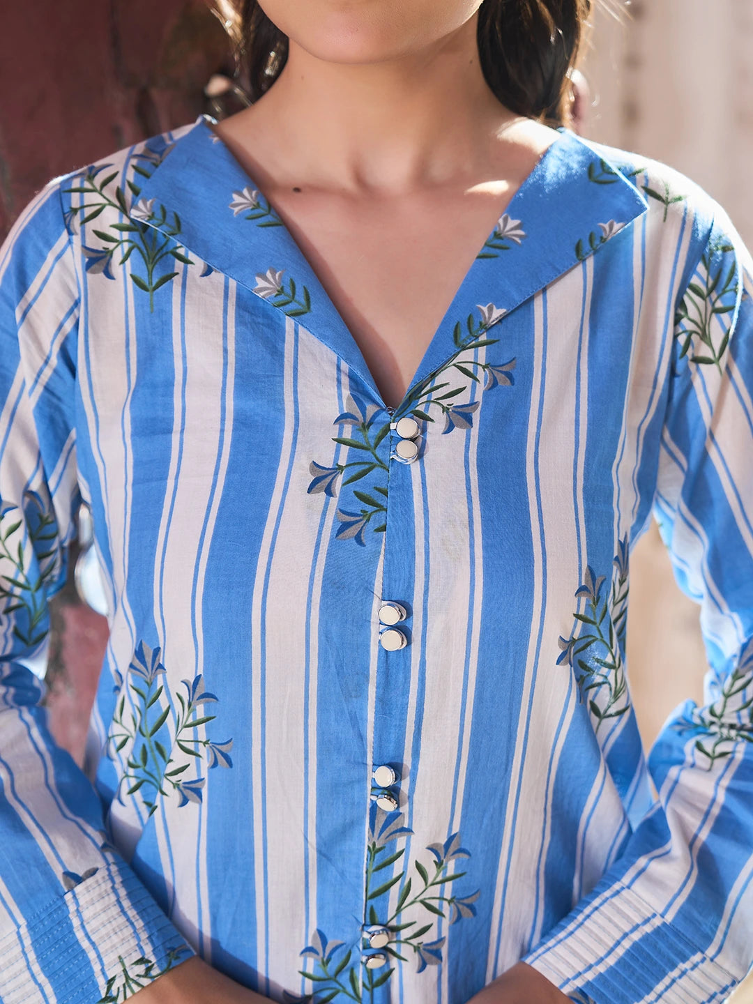 Blue Floral Print A-Line Design This Kurta Trouser Set-Yufta Store-7451SETBLM