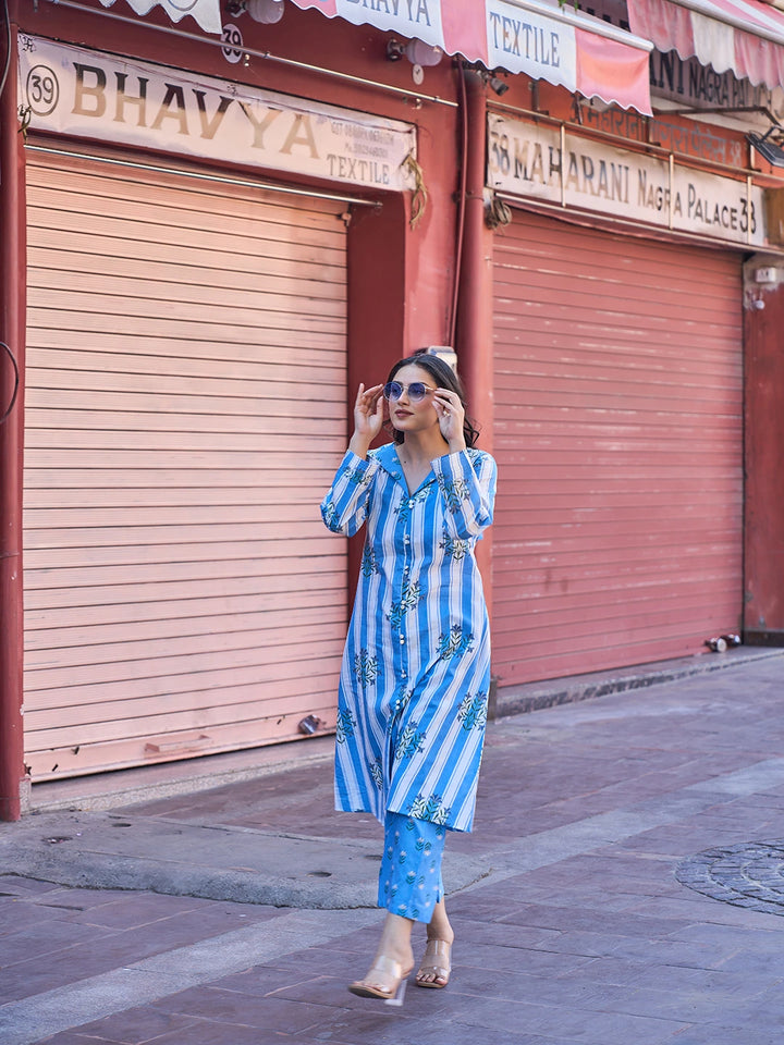 Blue Floral Print A-Line Design This Kurta Trouser Set-Yufta Store-7451SETBLM