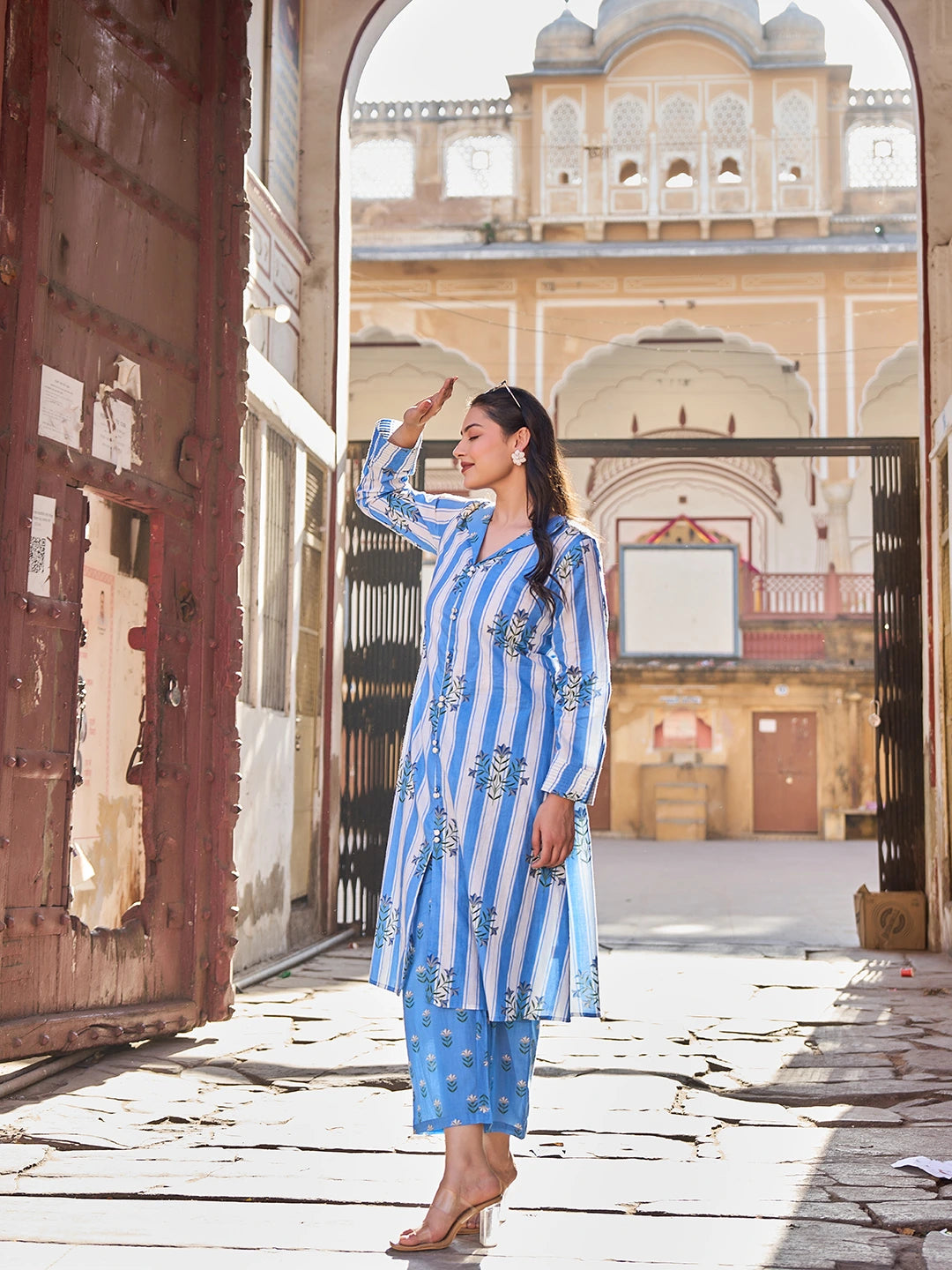 Blue Floral Print A-Line Design This Kurta Trouser Set-Yufta Store-7451SETBLM