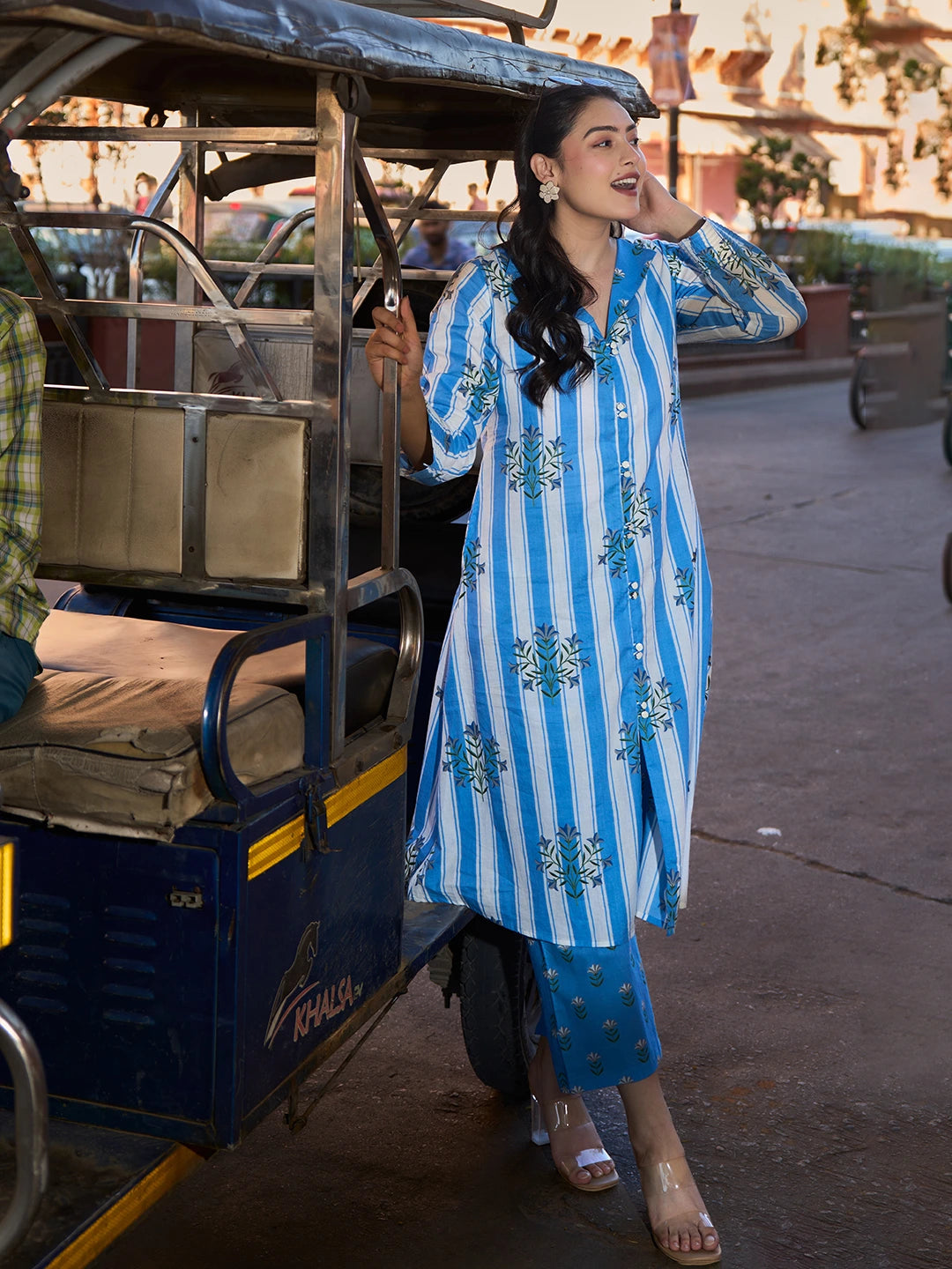 Blue Floral Print A-Line Design This Kurta Trouser Set-Yufta Store-7451SETBLM