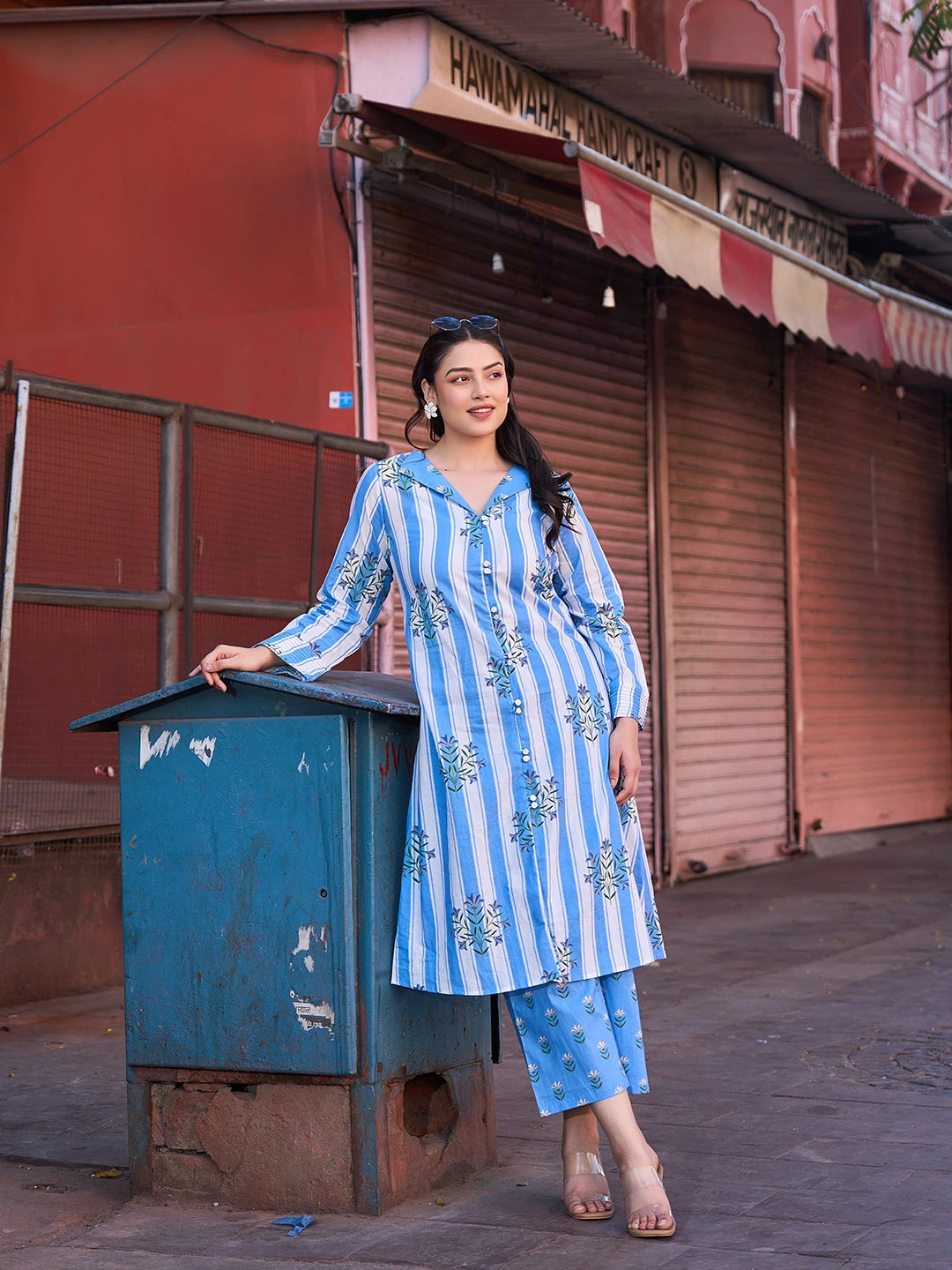 Blue Floral Print A-Line Design This Kurta Trouser Set-Yufta Store-7451SETBLM