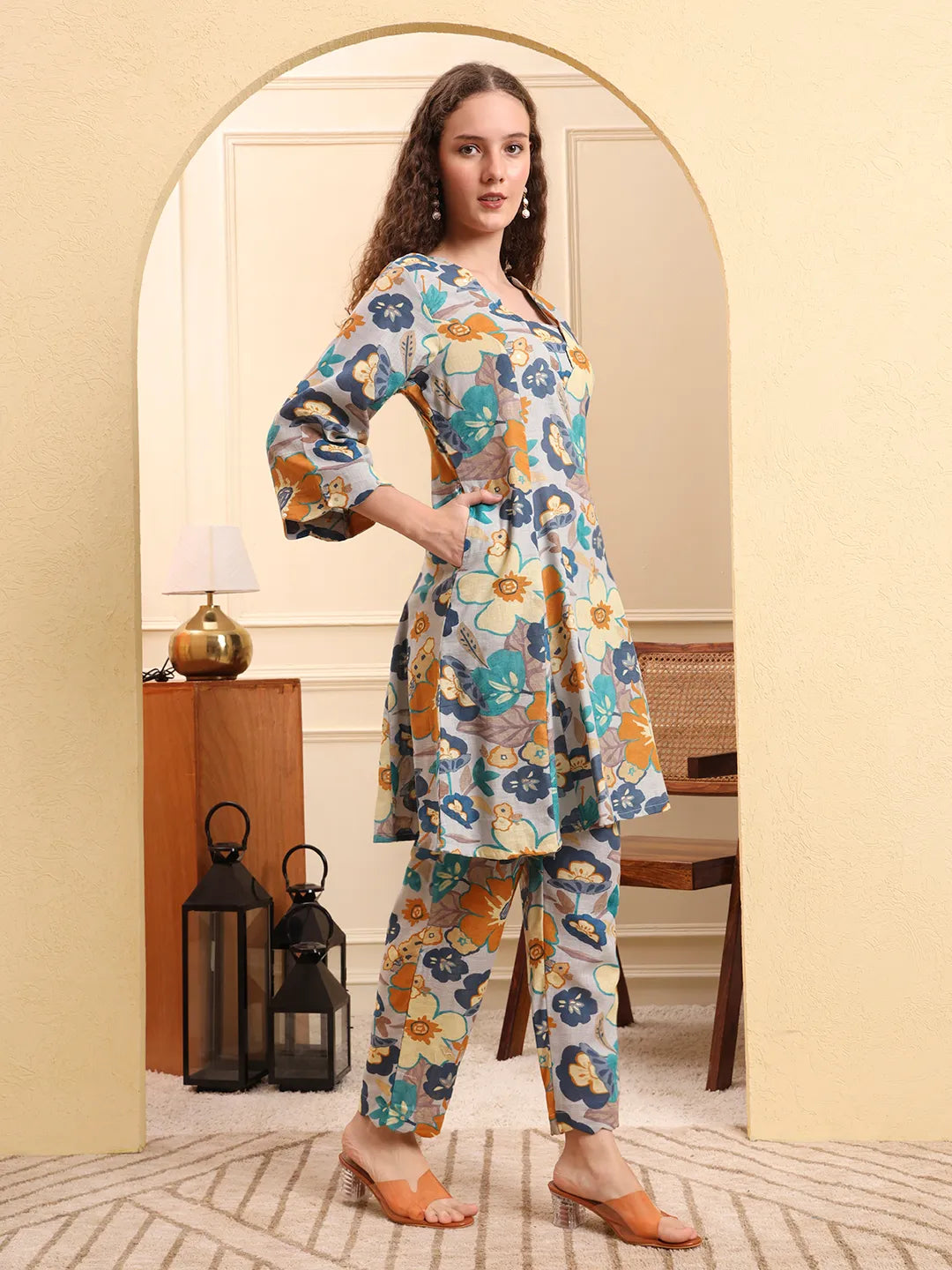 Blue Floral Print A-Line Kurta Trouser Set