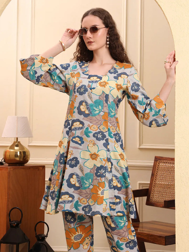 Blue Floral Print A-Line Kurta Trouser Set