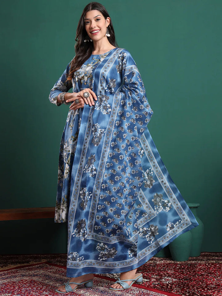 Blue Floral Print A-Line Maternity Kurta Trouser Dupatta Set