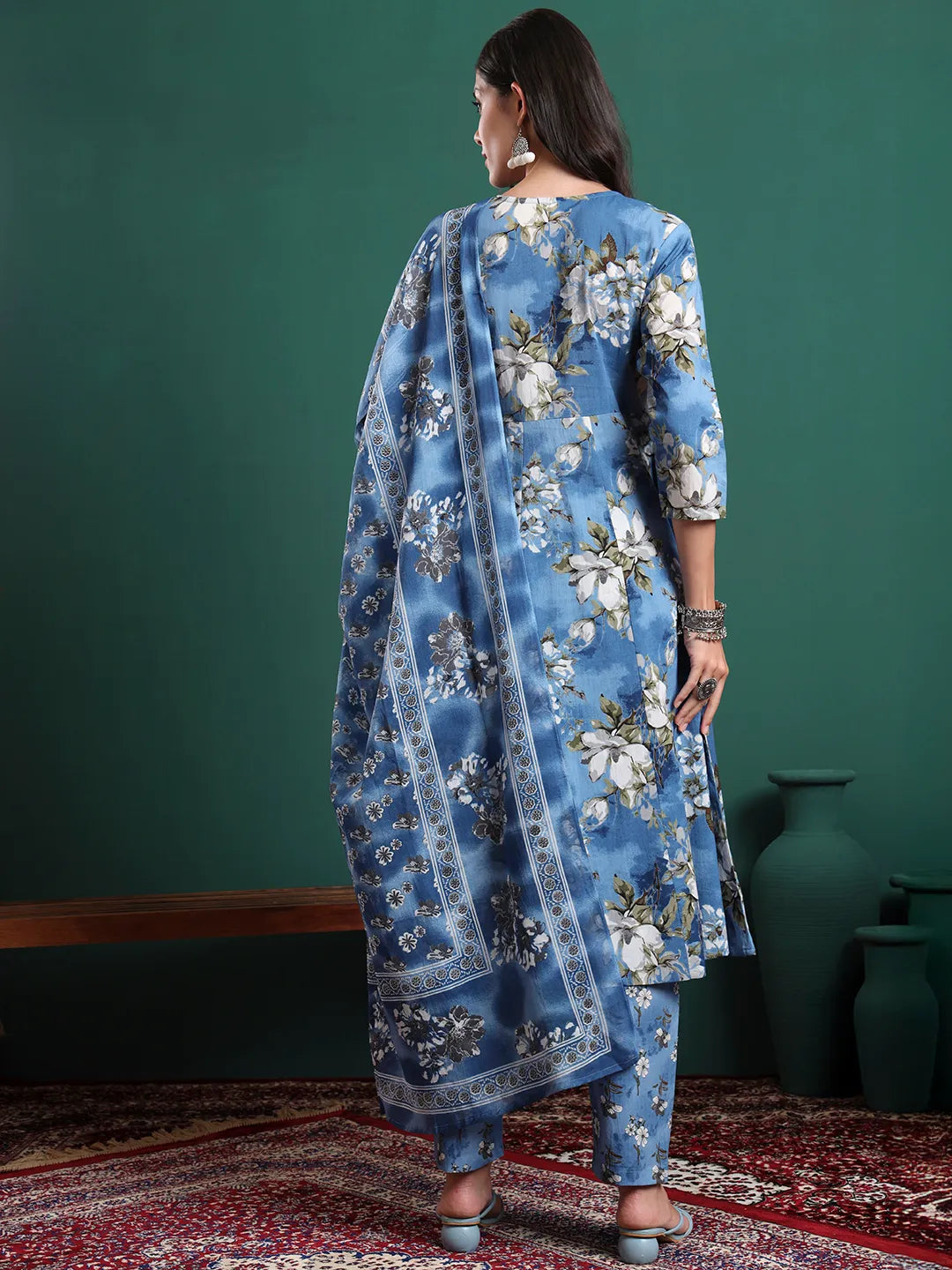 Blue Floral Print A-Line Maternity Kurta Trouser Dupatta Set