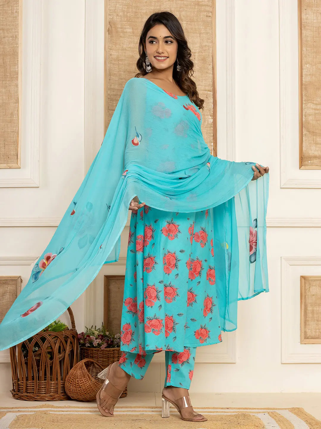 Blue Floral Print Cotton A-Line Style Kurta And Trousers With Dupatta Set-Yufta Store-7031SKDBLS