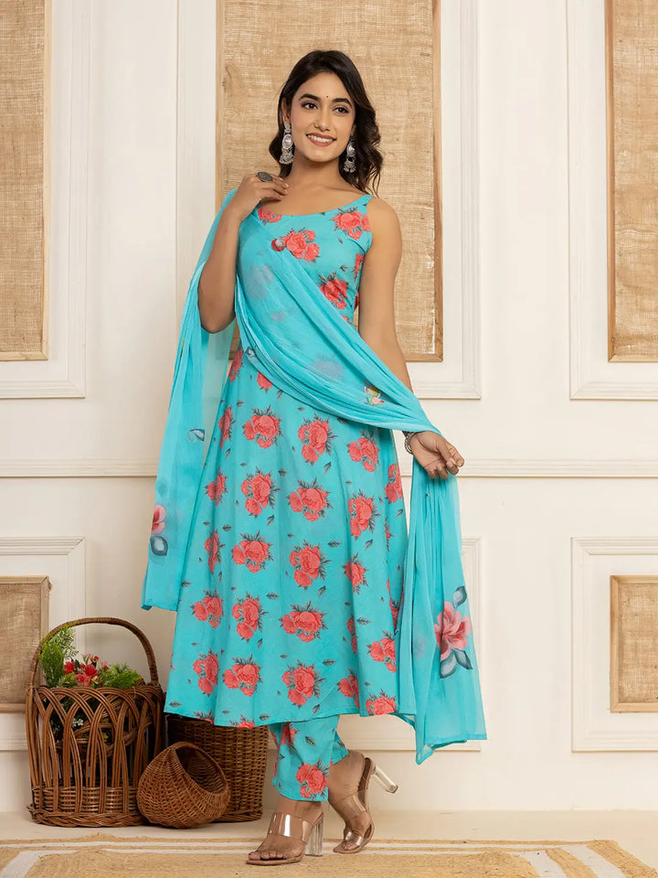 Blue Floral Print Cotton A-Line Style Kurta And Trousers With Dupatta Set-Yufta Store-7031SKDBLS