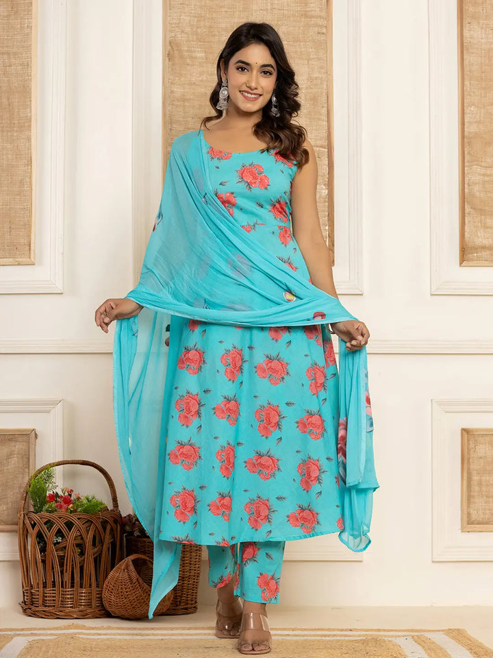 Blue Floral Print Cotton A-Line Style Kurta And Trousers With Dupatta Set-Yufta Store-7031SKDBLS